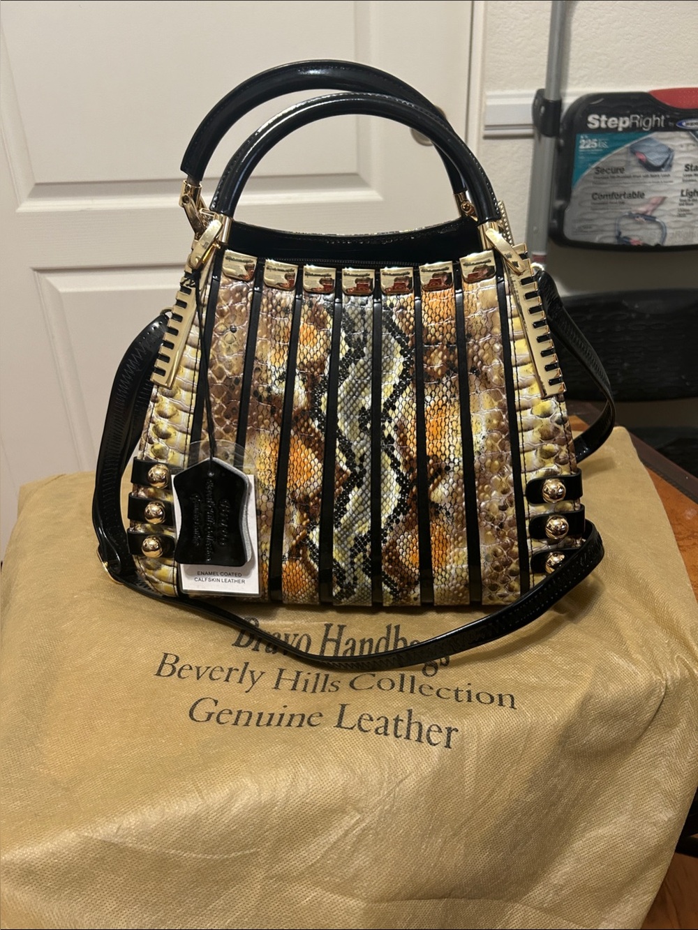 Bruno Handbags Black & Yellow Python-Print Structured Satchel